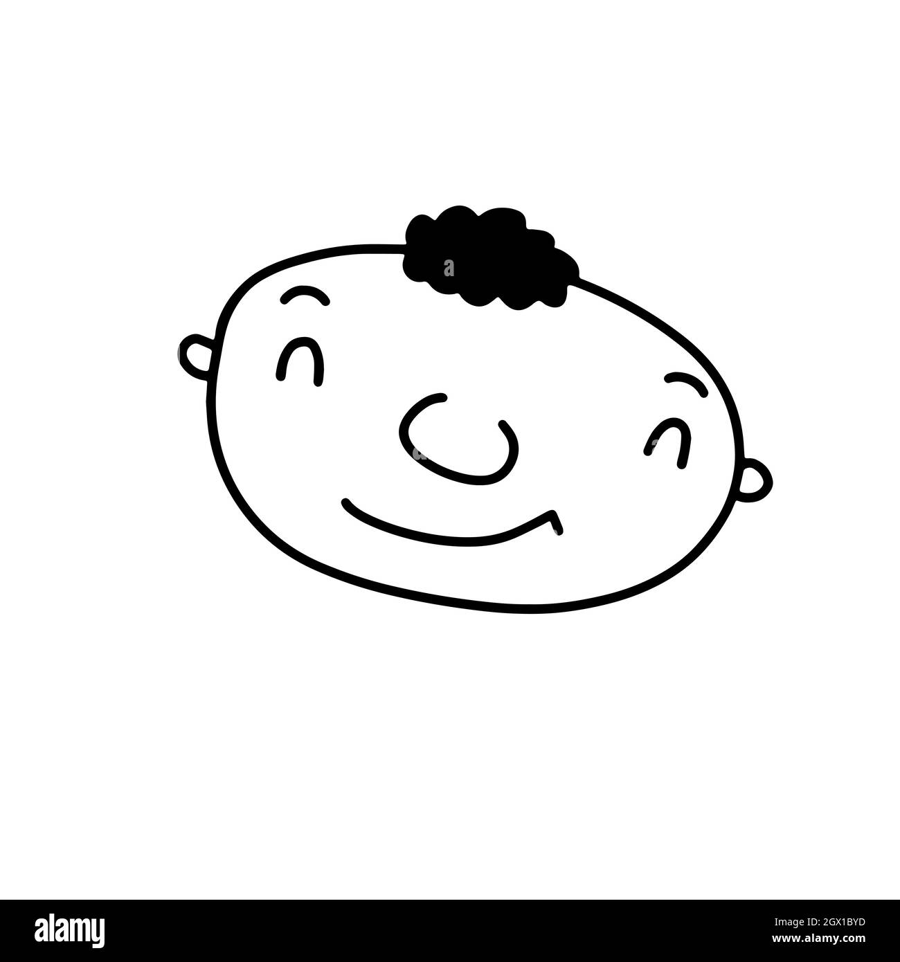 Doodle funny young pleased child face. Hand-drawn outline human isolated on white background. Kid Avatar. Cartoon curly baby. Male cute portrait. Hair Stock Vector