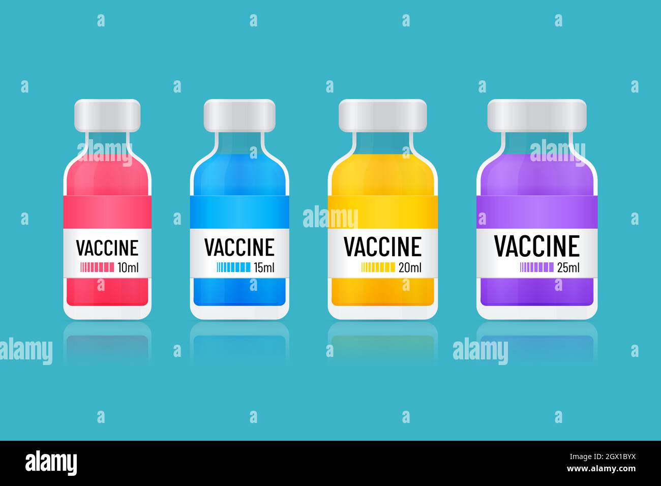 Vaccine vials filled with various colored fluid. Transparent medical ...