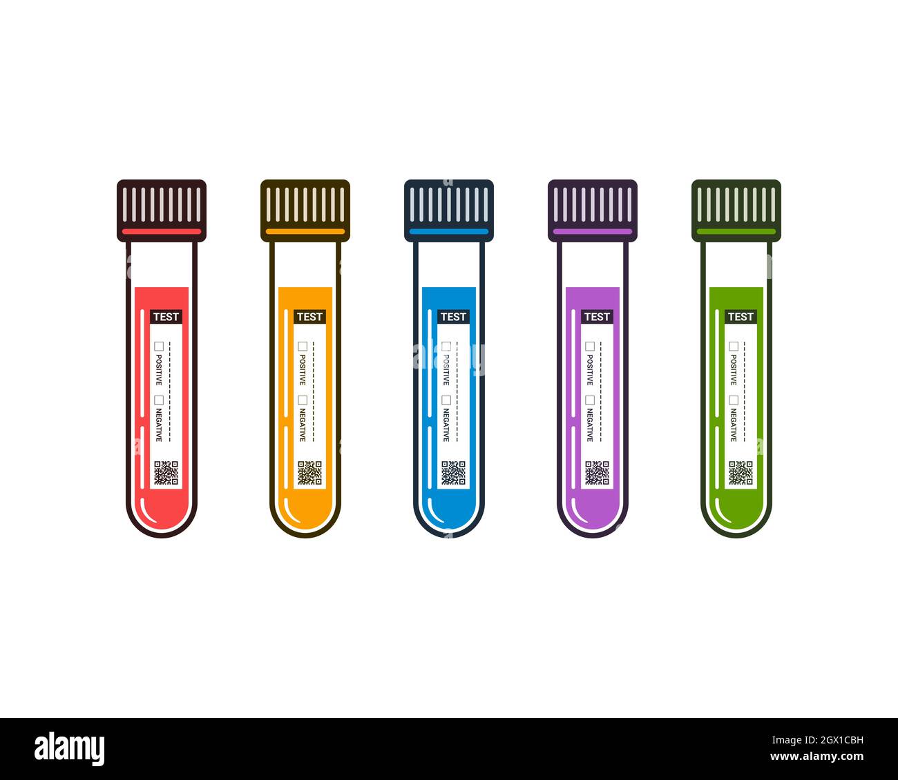 Labeled test tubes with liquid in various colors on white background