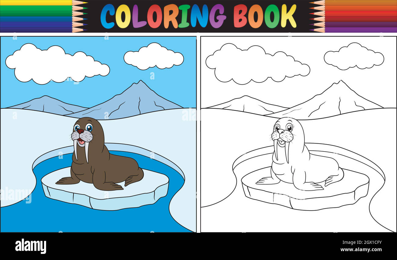 Coloring book with walrus cartoon Stock Vector