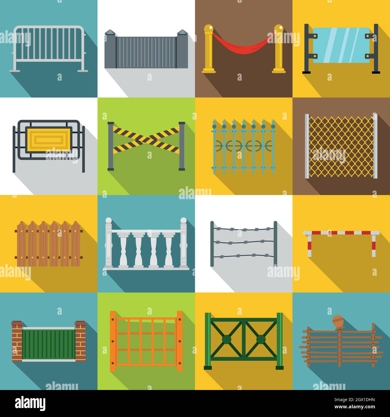 Fencing icons set, flat style Stock Vector