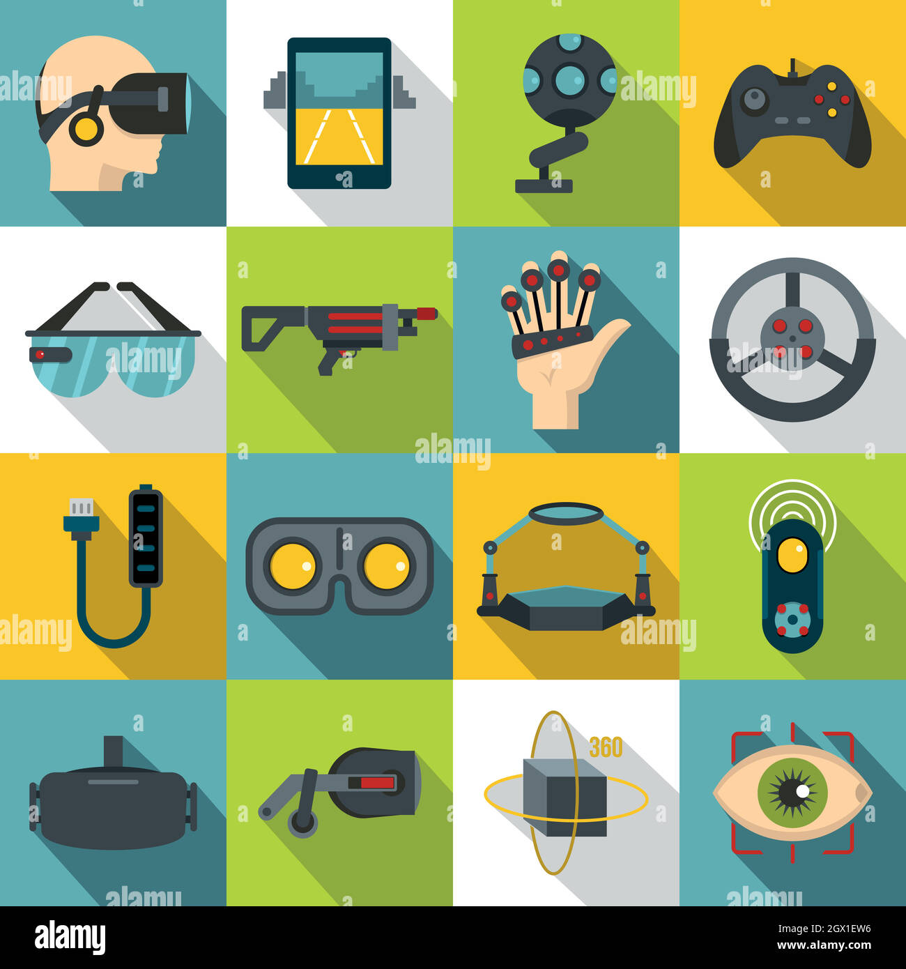 Virtual reality icons set, flat style Stock Vector