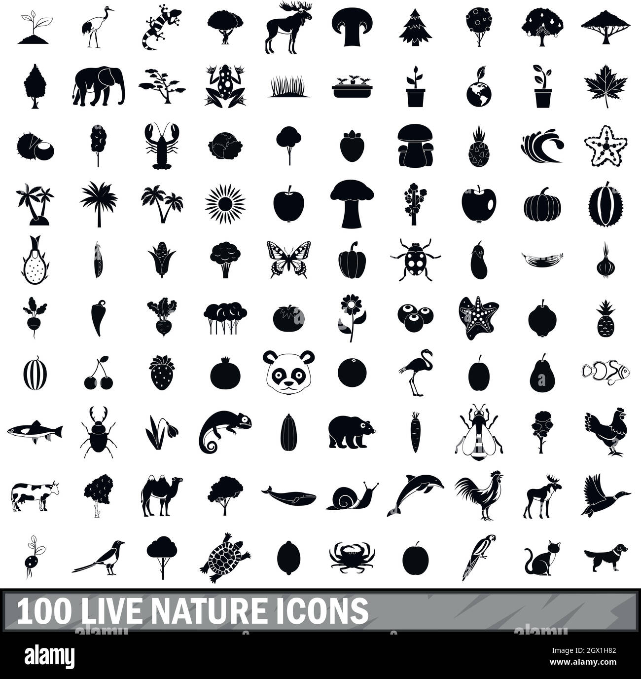 100 live nature icons set in simple style Stock Vector