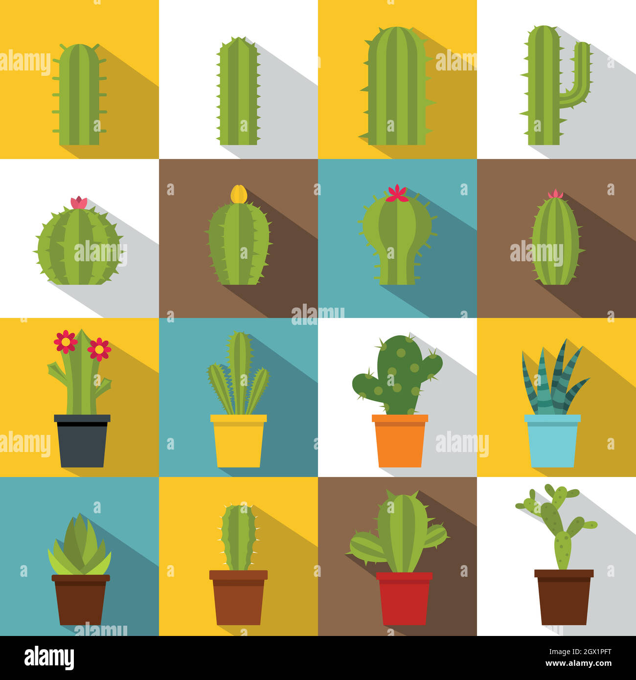 Different cactuses icons set, flat style Stock Vector
