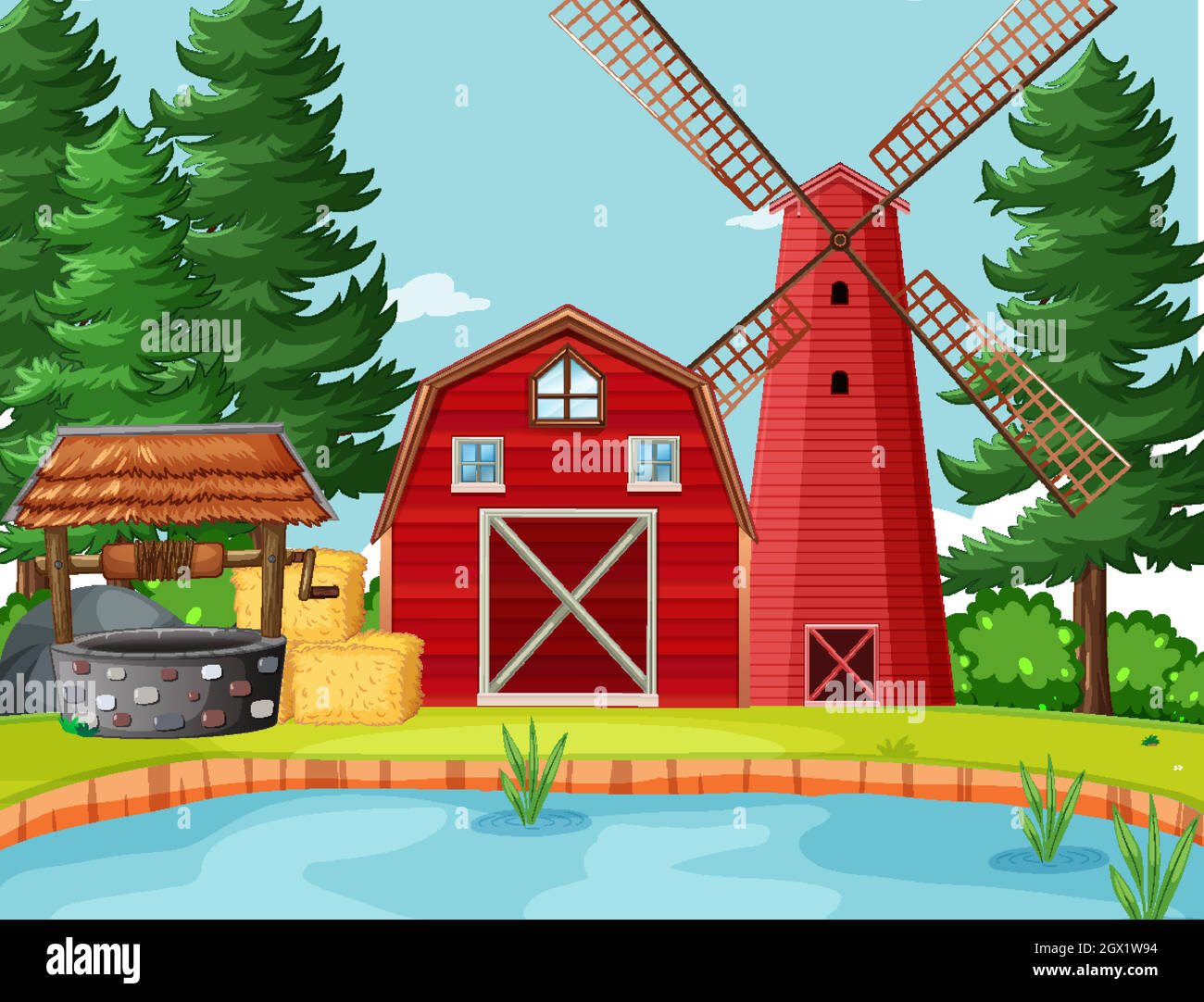 Red barn and windmill in the nature scene Stock Vector Image & Art - Alamy