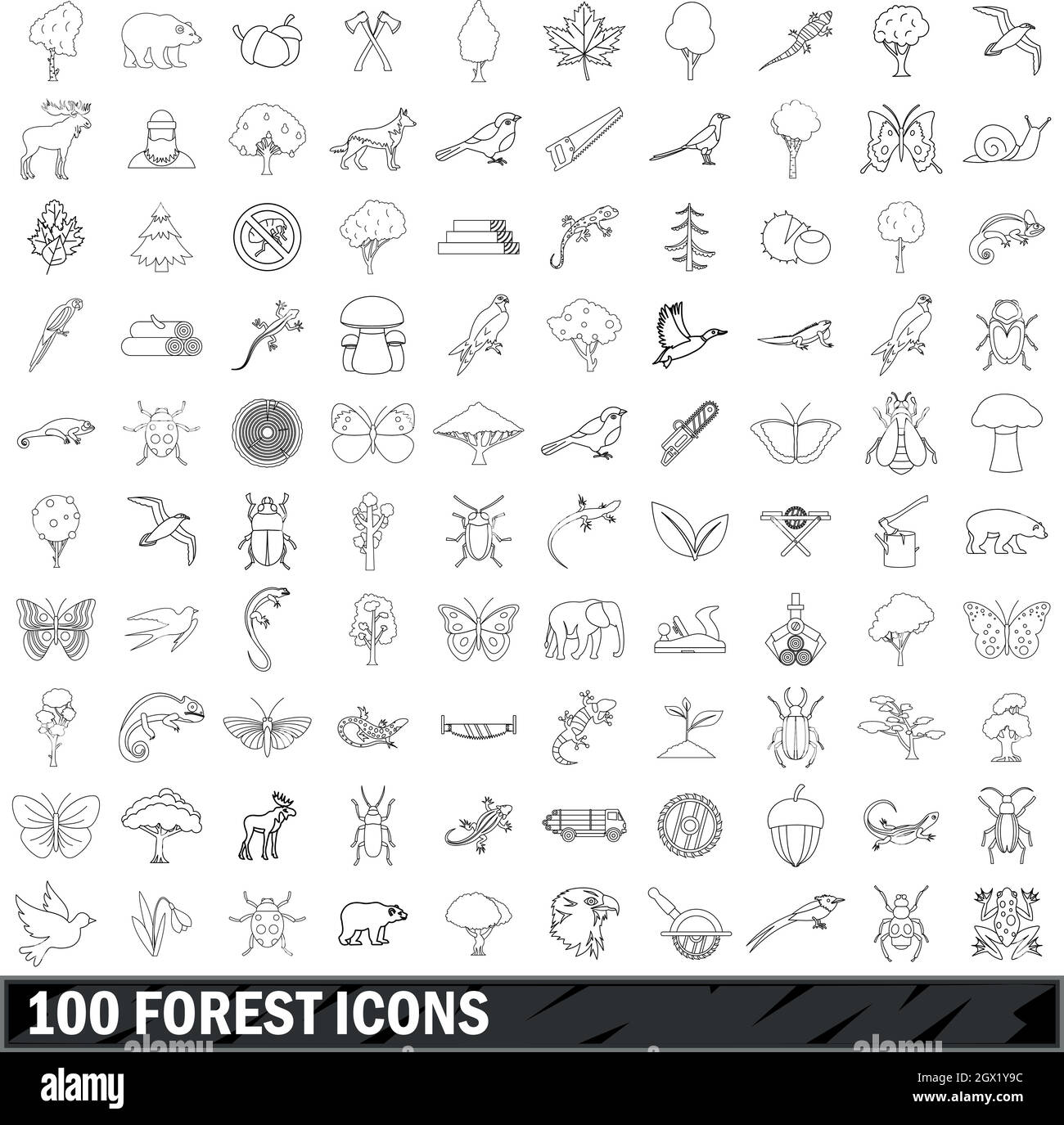 100 forest icons set, outline style Stock Vector