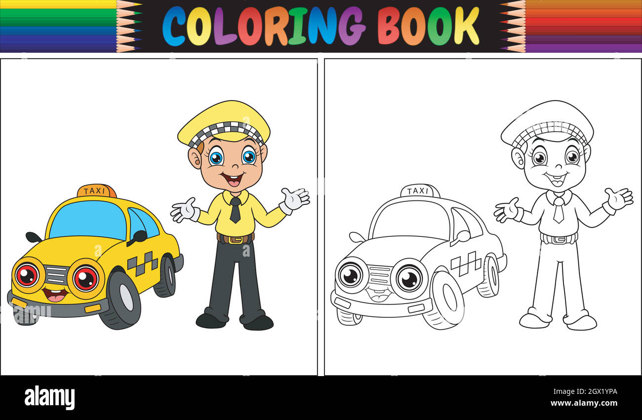 Coloring book with taxi driver cartoon Stock Vector