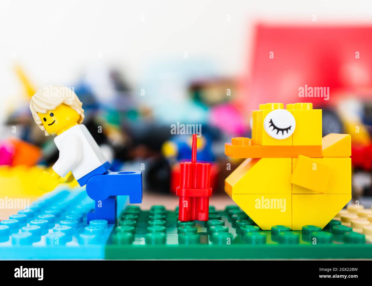 POZNAN, POLAND - Feb 15, 2019: A Lego toy of a Man running away from  dynamite placed in front of a sleeping yellow duck Stock Photo - Alamy