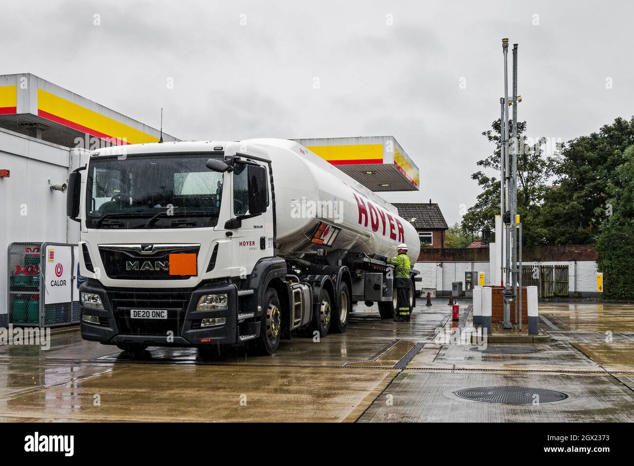 A fuel tanker at a UK petrol station Stock Photo