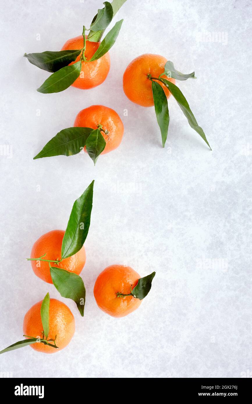 Top view of Clementines with leaves on patterned background with lots