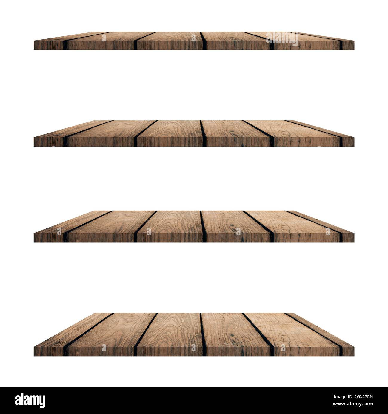 4 Wood shelves table isolated on white background and display montage ...