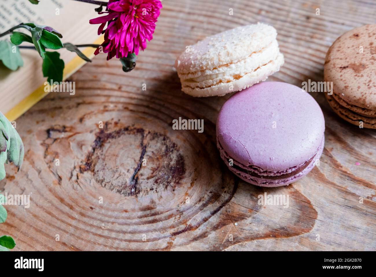 macarons on the background of the book, on a wooden table. horizontal frame. Aesthetics with macaroons and a book. Beautiful cakes on a wooden table Stock Photo