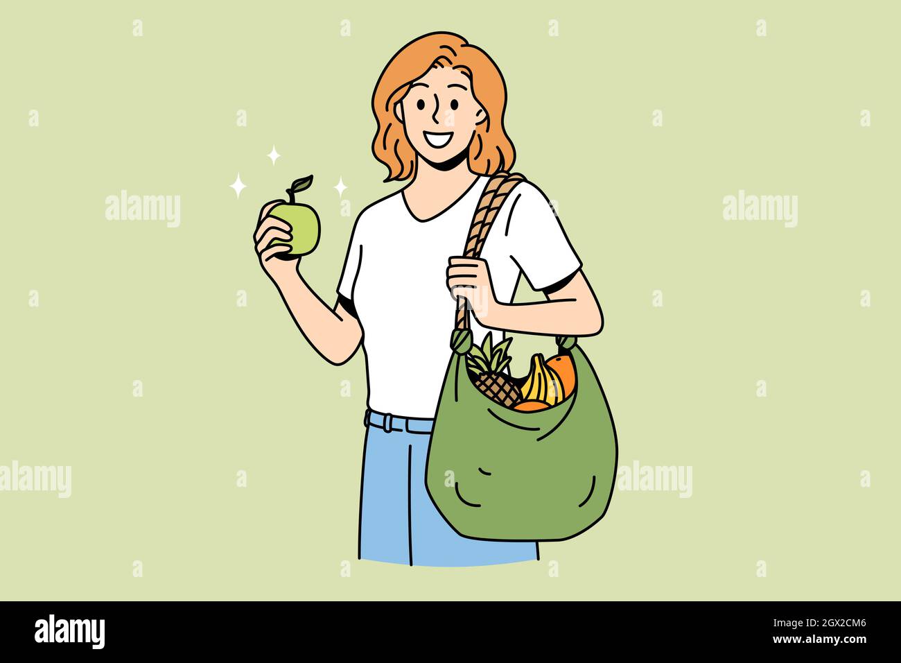 Healthy eating and lifestyle concept. Young smiling woman cartoon character standing with shopping bag full of fresh fruits after market vector illustration  Stock Vector