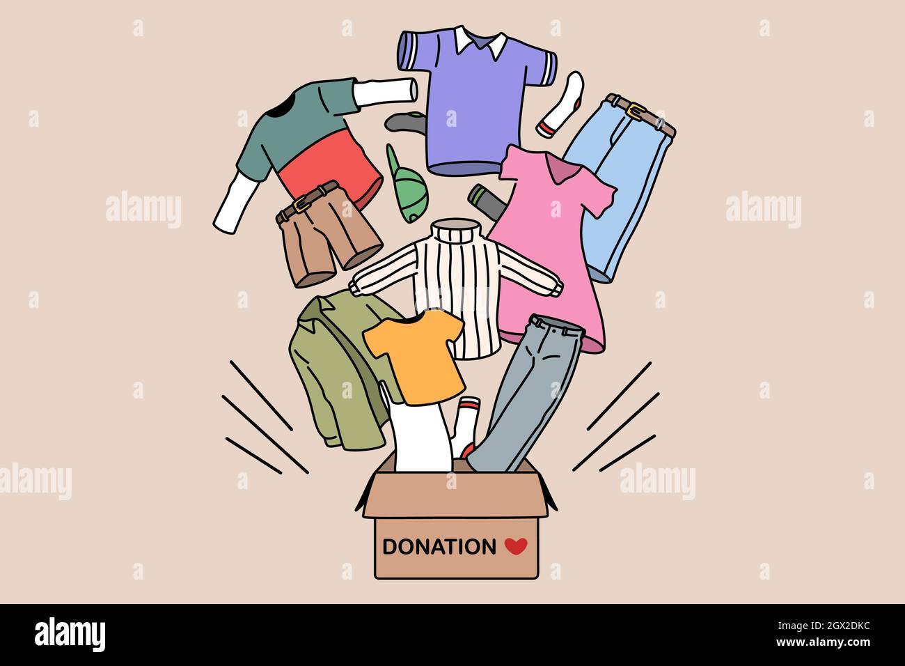 Charity and donating clothes concept. Box with donation word and carious human clothes flying from it for needing people vector illustration  Stock Vector