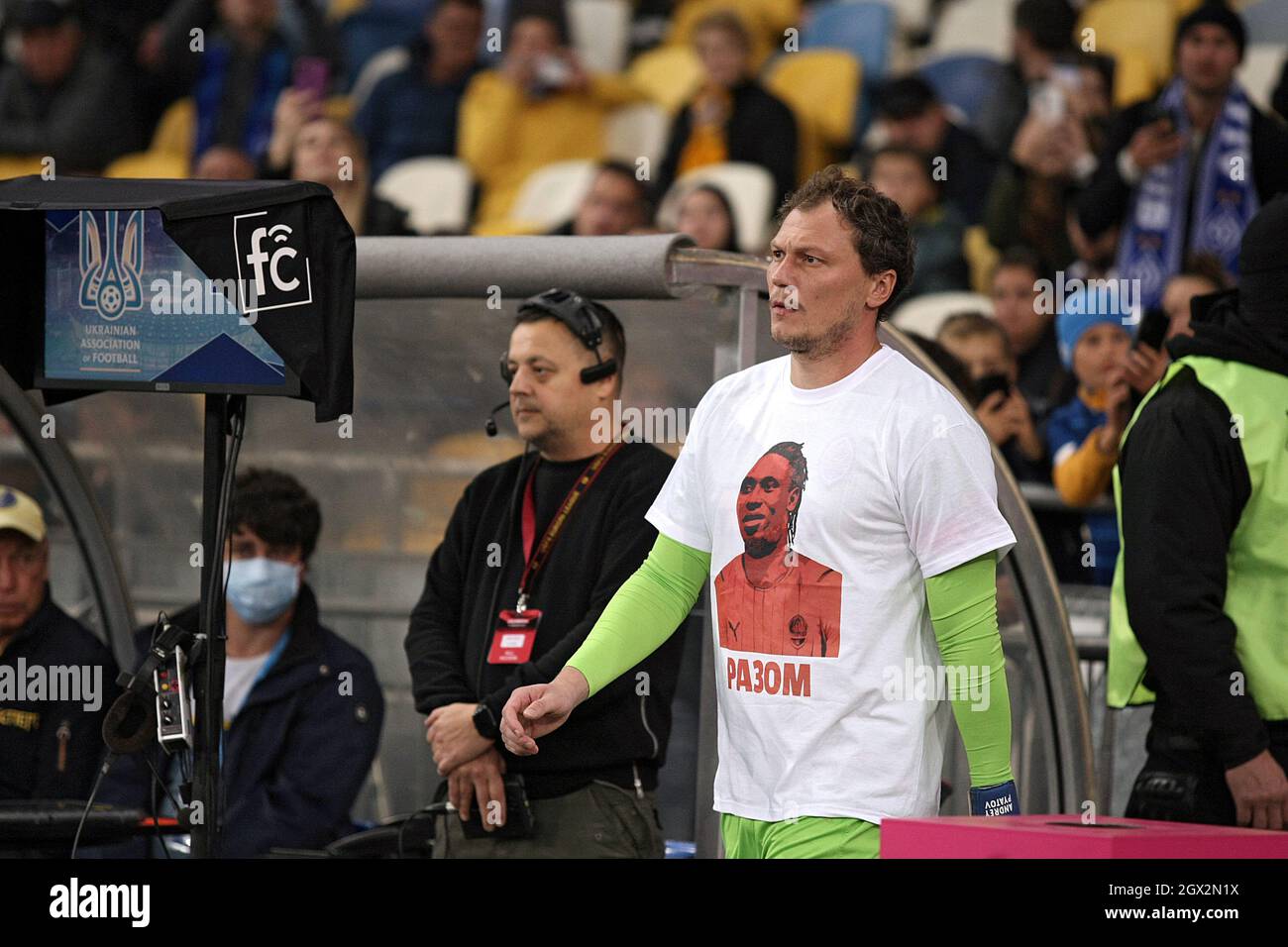 KYIV, UKRAINE - OCTOBER 03, 2021 - Goalkeeper of FC  Shakhtar Donetsk Andrii Pyatov is seen during the Ukrainian Premier League match of the 10th roun Stock Photo