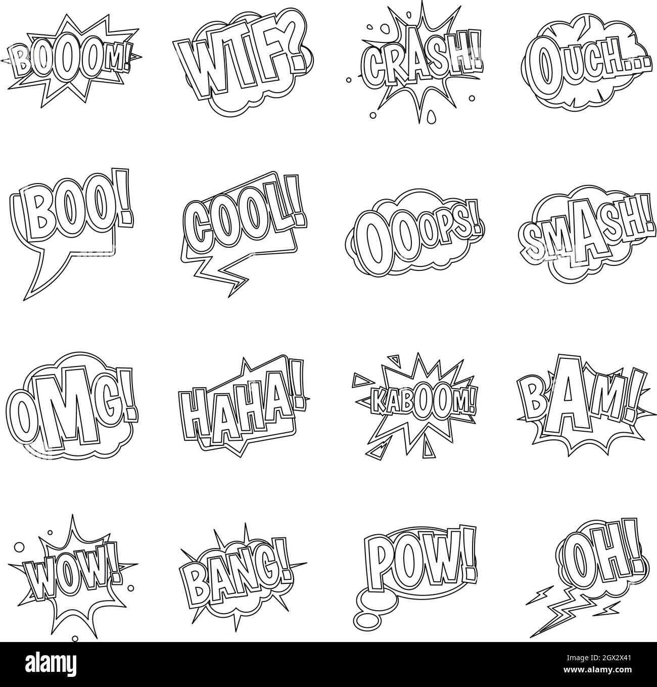 Comic colored sound icons set, outline style Stock Vector