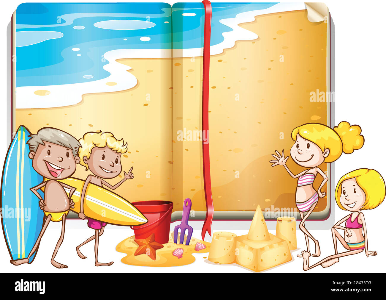 Ocean scene in the book and many people in swimming suit Stock Vector