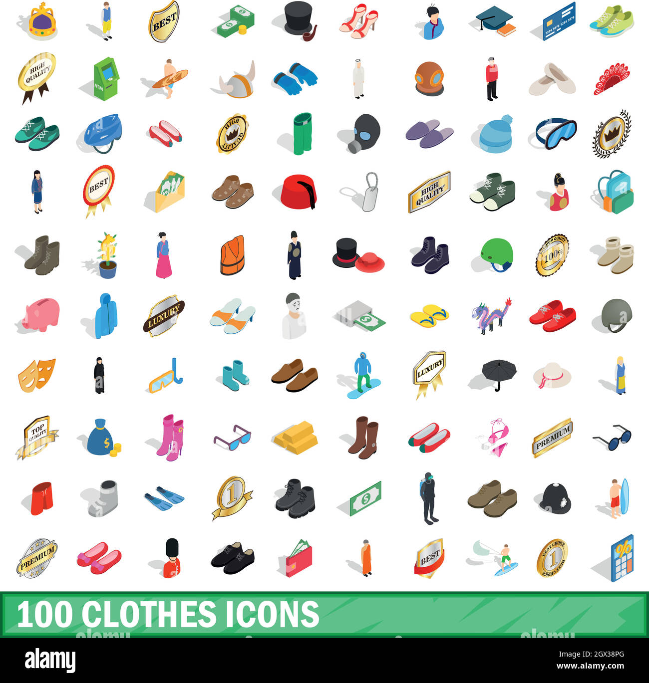 100 clothes icons set, isometric 3d style Stock Vector