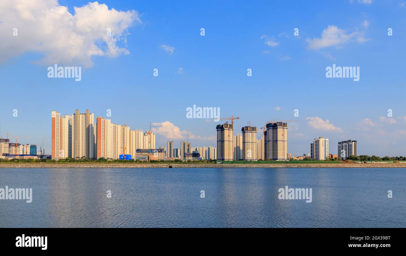 Songdo, Incheon, South Korea - September 3, 2021 : Incheon Songdo International Cityscape. Songdo International City Lake Scenery. Stock Photo
