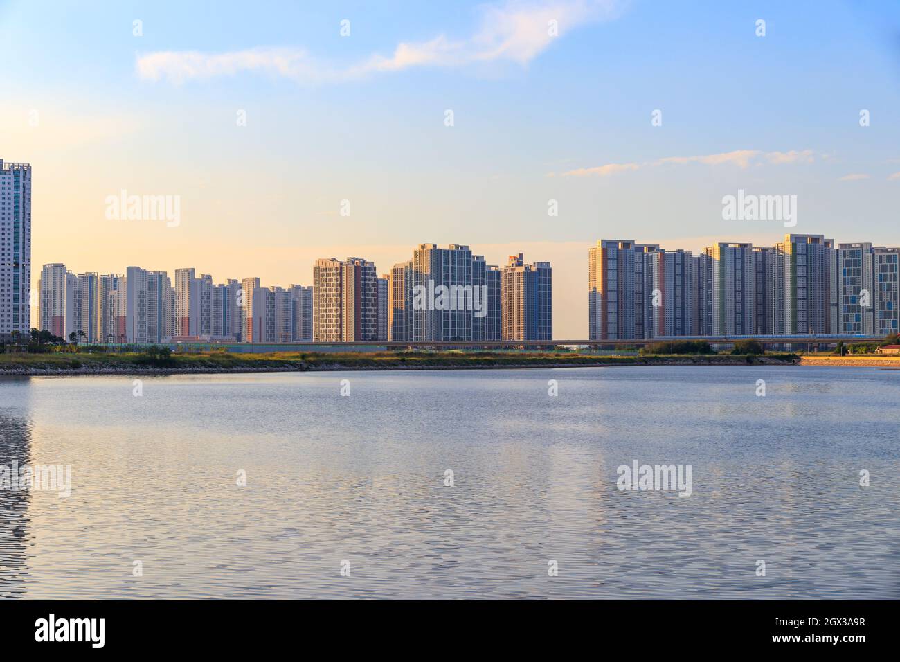 Songdo, Incheon, South Korea - September 3, 2021 : Incheon Songdo International Cityscape. Songdo International City Lake Scenery. Stock Photo