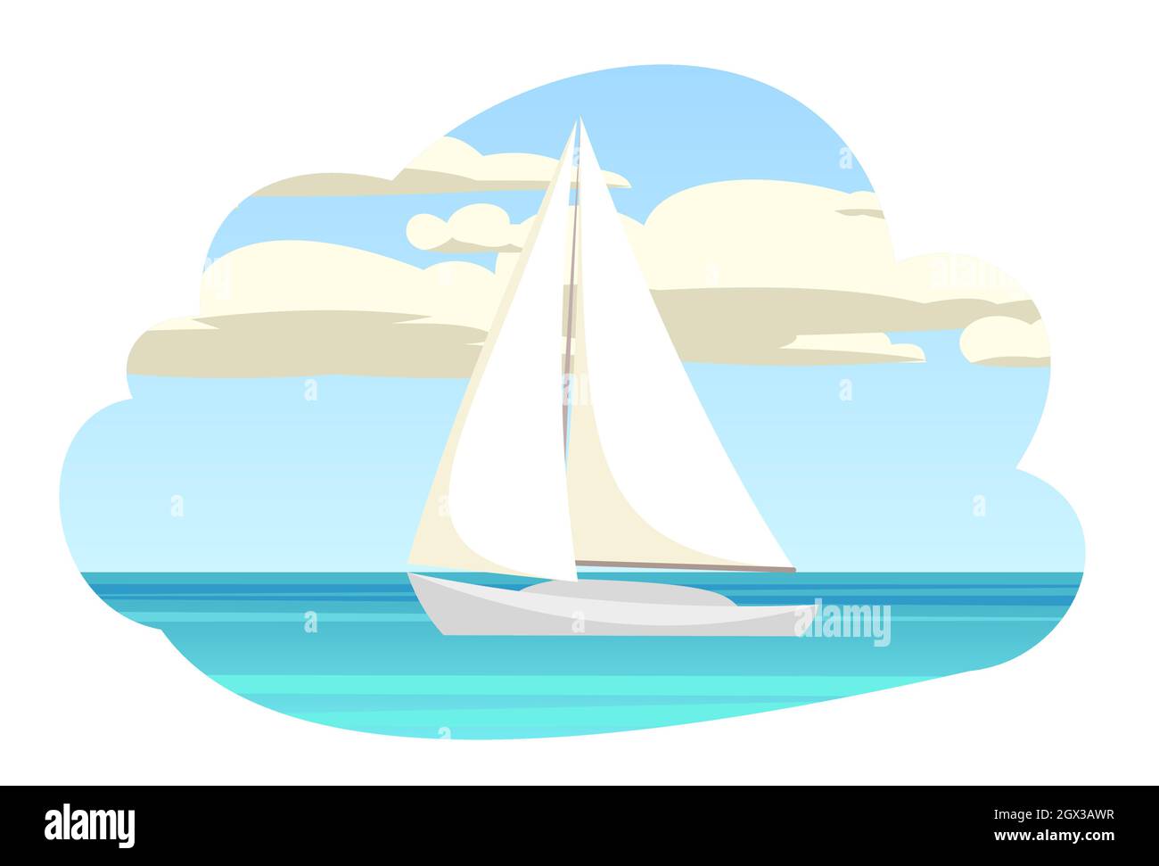Sailing yacht. White single masted vessel with classic hull lines. View from afar. Composition in form of cloud. Isolated on white background. Calm Stock Vector