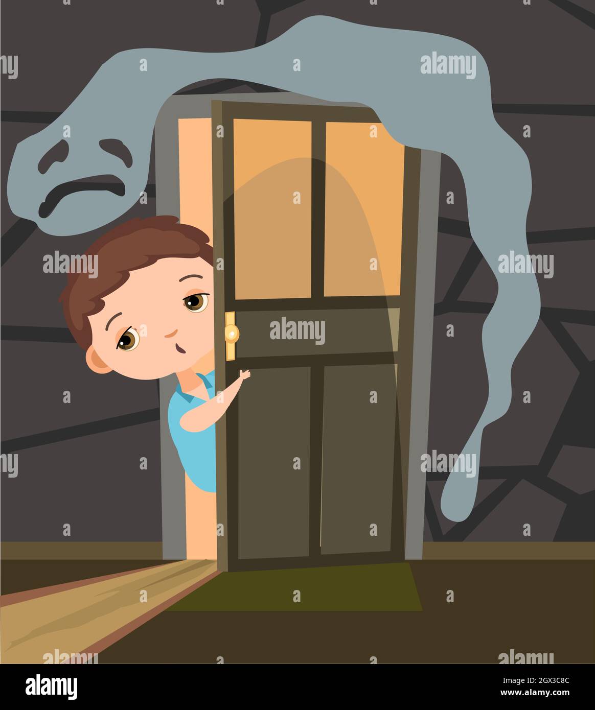 Childhood fear. Little Boy looks into dark room through an open door