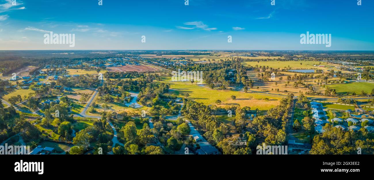 Australian Countryside At Sunset Near Moama, Nsw - Aerial Panorama Stock Photo