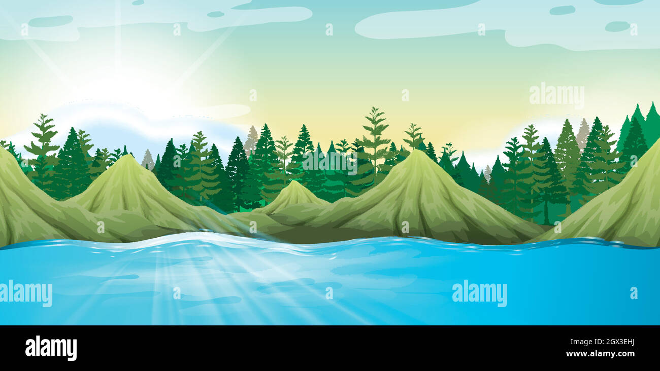 Scene with mountains and pine trees Stock Vector Image & Art - Alamy