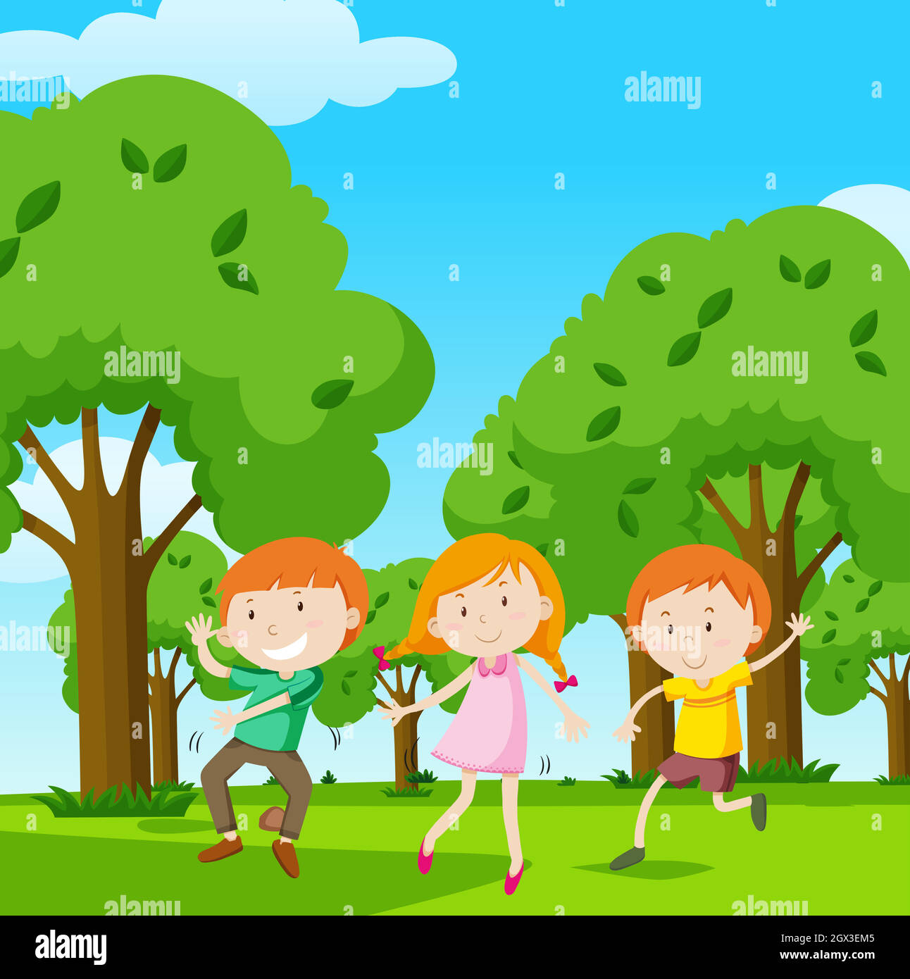 Three kids dancing in the garden Stock Vector