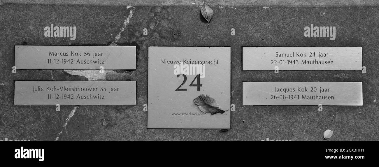 Amsterdam, the Netherlands. September 20231. Nameplates on the sidewalk in memory of the deported Jews during WW2.. High quality photo Stock Photo