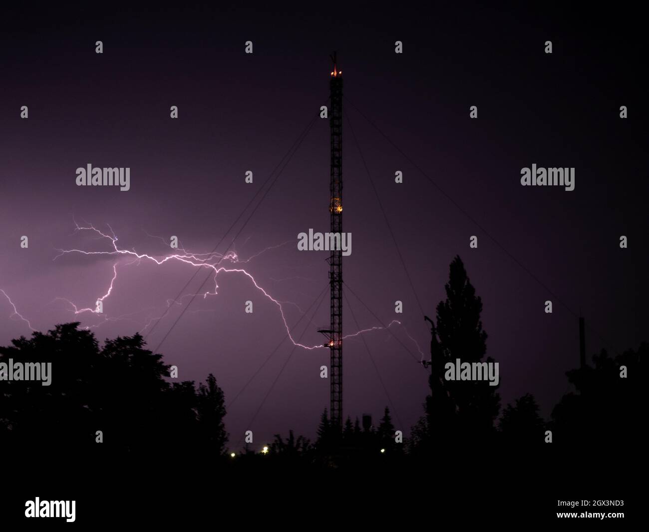 Lightning Strikes Near The Radio Tower Stock Photo Alamy