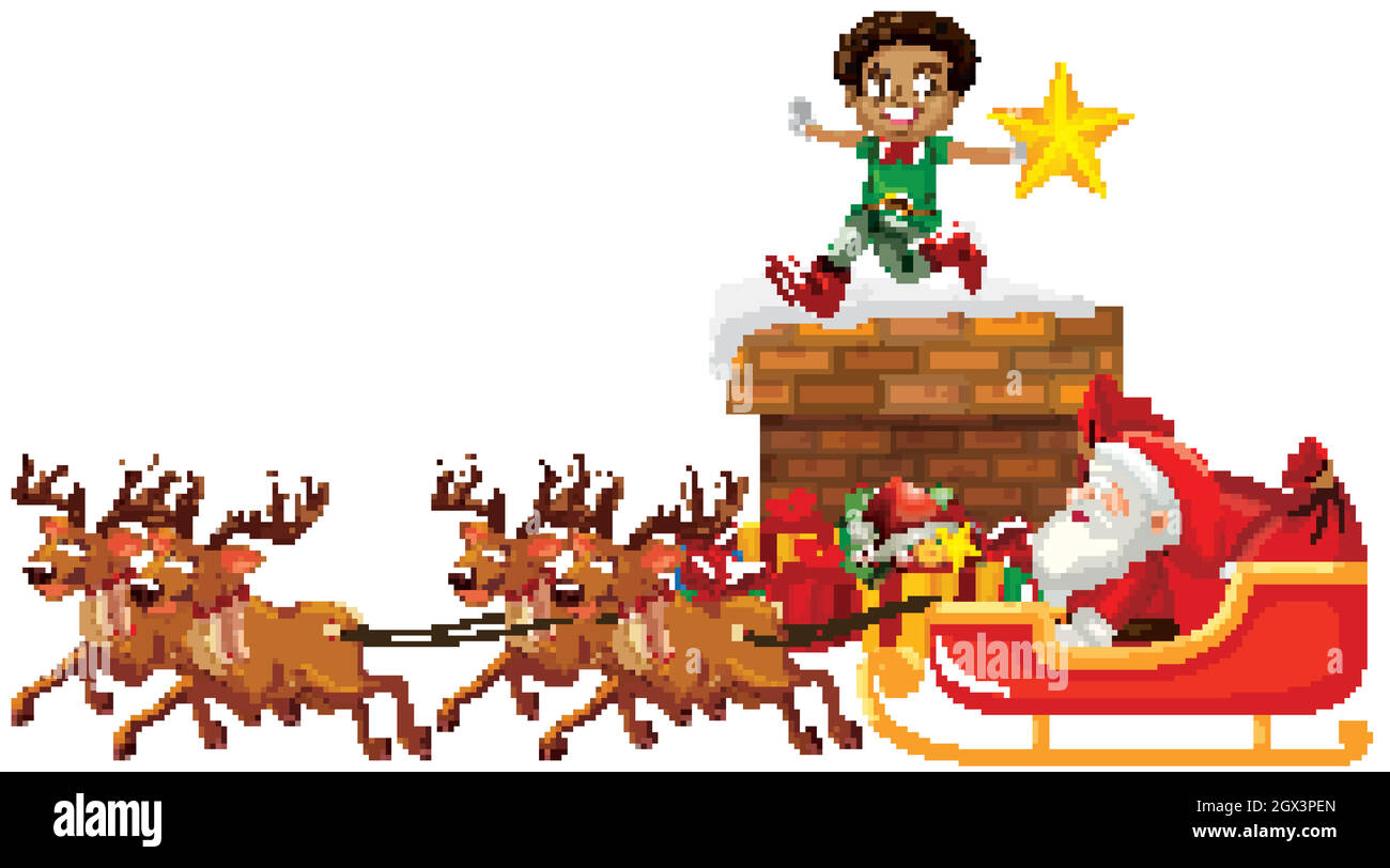 Santa Claus on sleigh with reindeer and elf Stock Vector