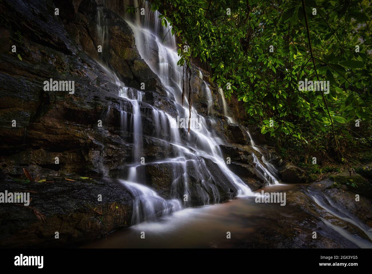 Hidden Waterfall In Forest Stock Photo