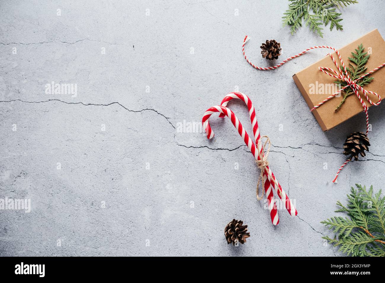 Christmas gift box decorated with a thuja branch and candy canes ...