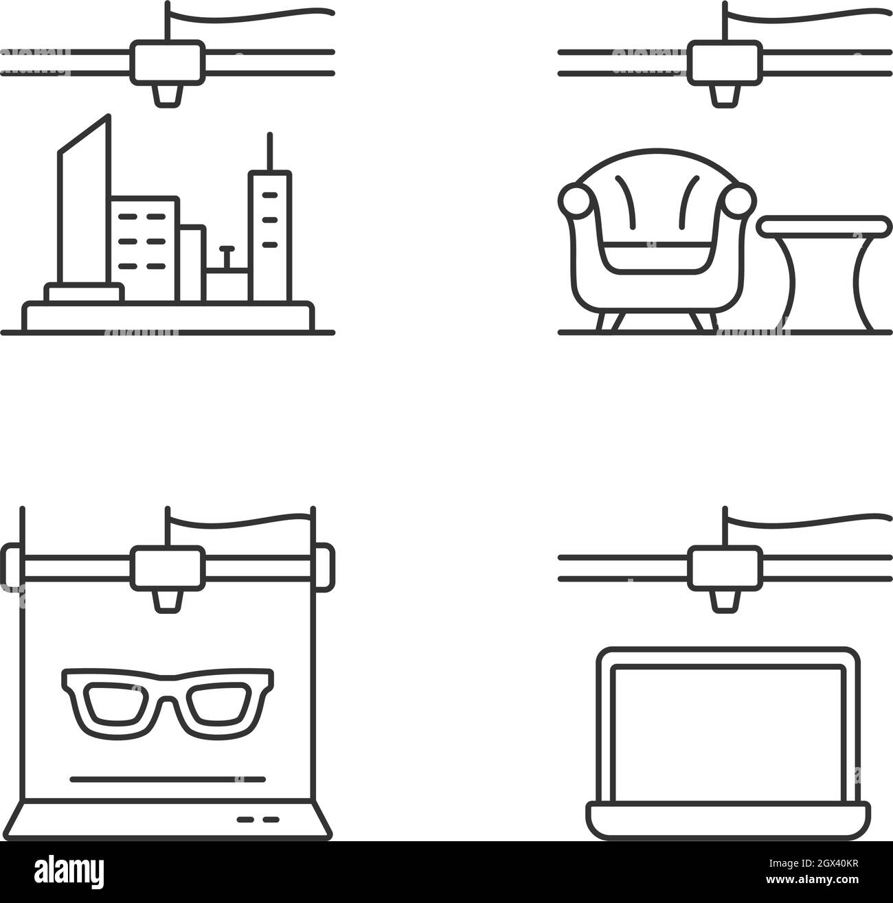 Three dimensional objects production linear icons set Stock Vector
