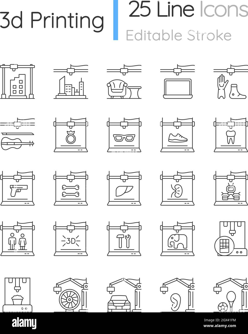 3d printing technology linear icons set Stock Vector