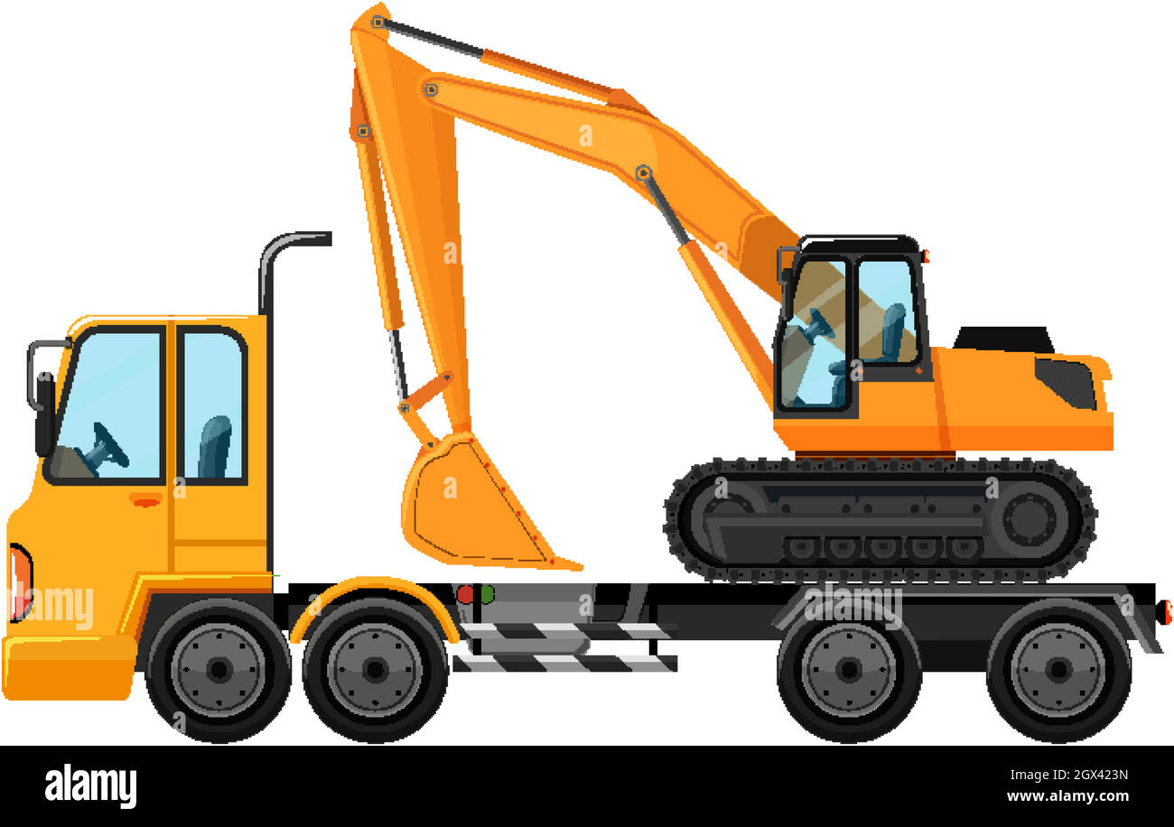 Tow truck carrying big crane tractor on isolated background Stock Vector