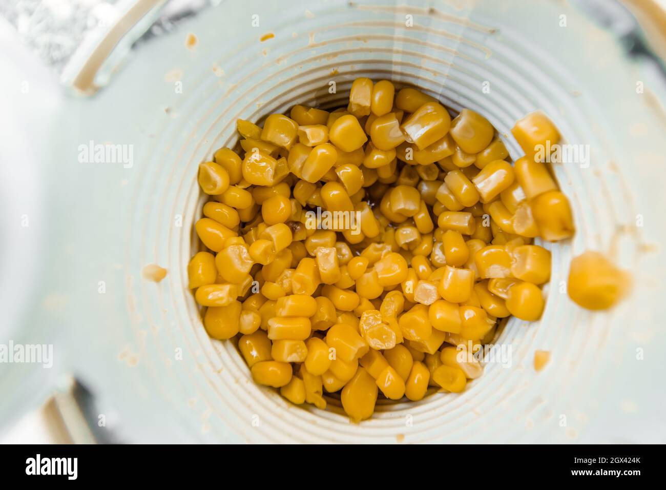 Canned corn in a jar close-up. Stock Photo