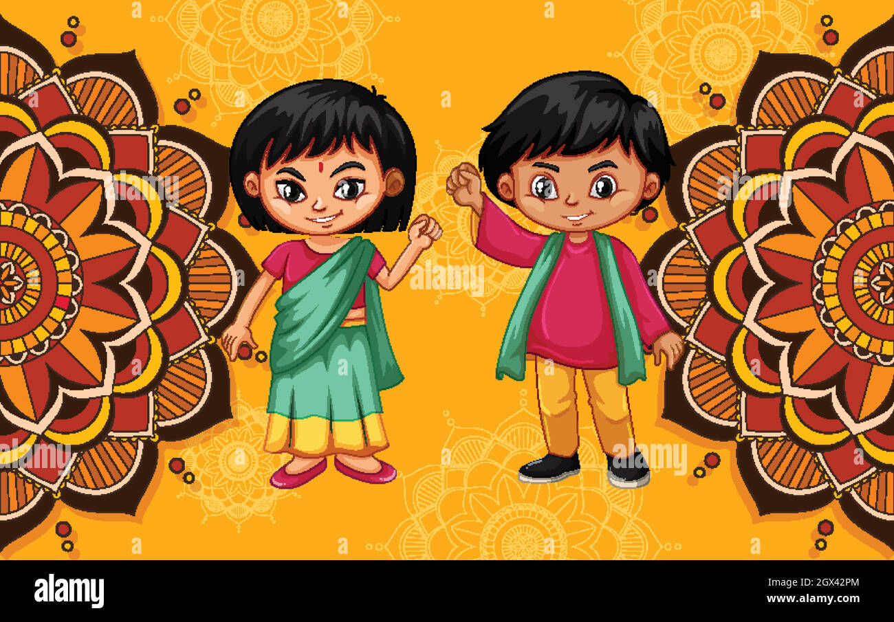 Background design with Indian kids and mandala patterns Stock Vector ...