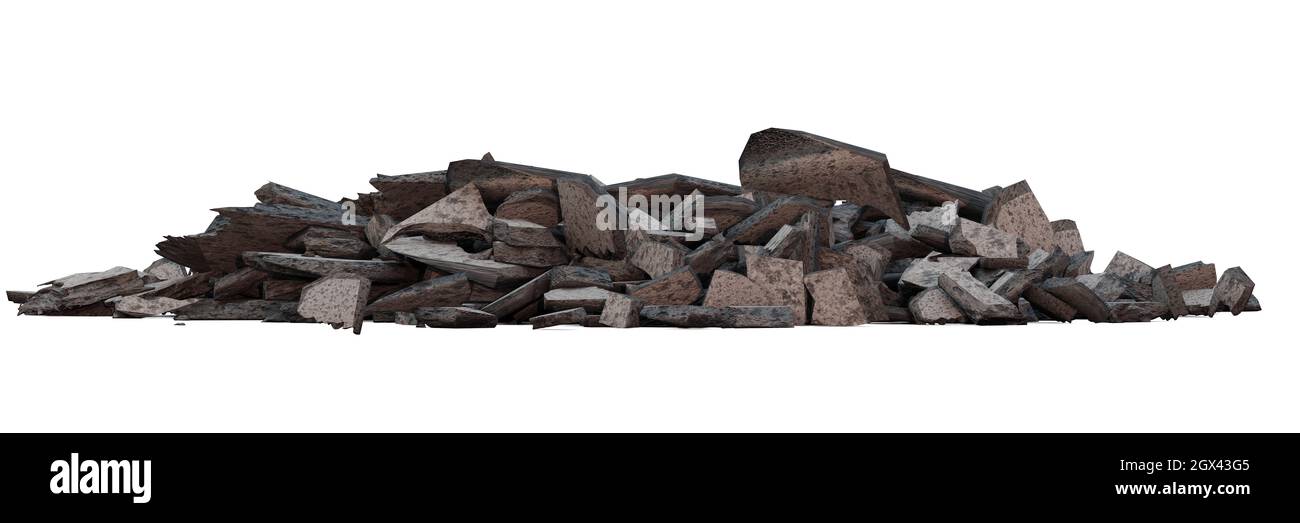 pile of concrete debris, rubble heap isolated on white background banner Stock Photo