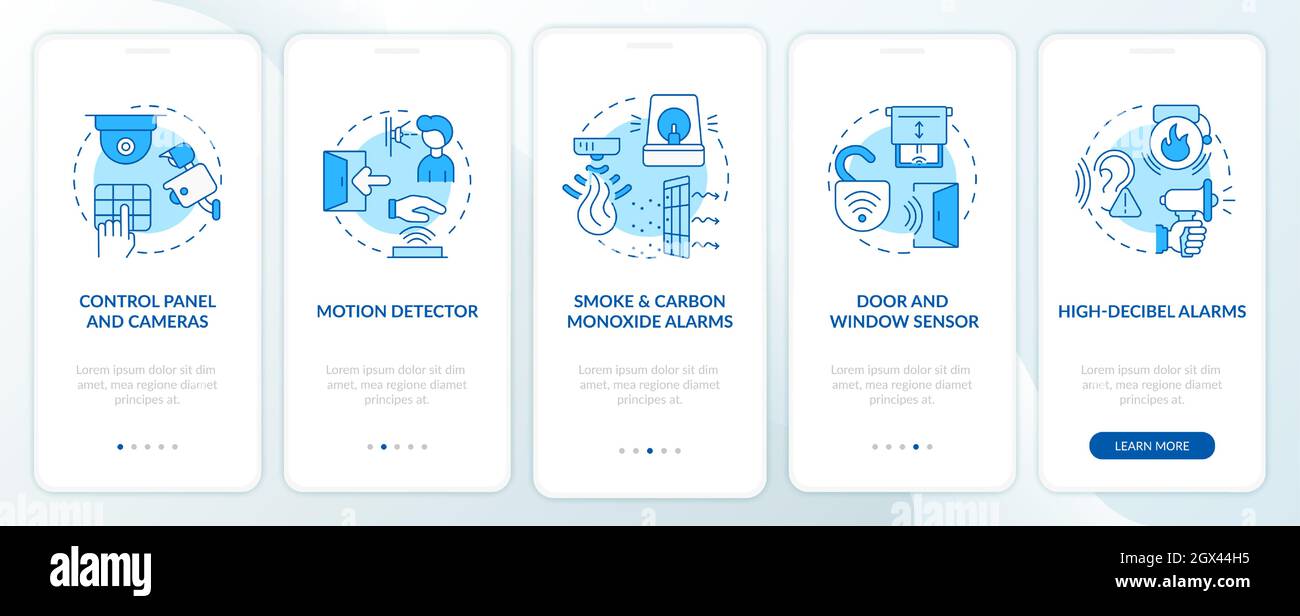 Home security blue onboarding mobile app page screen Stock Vector