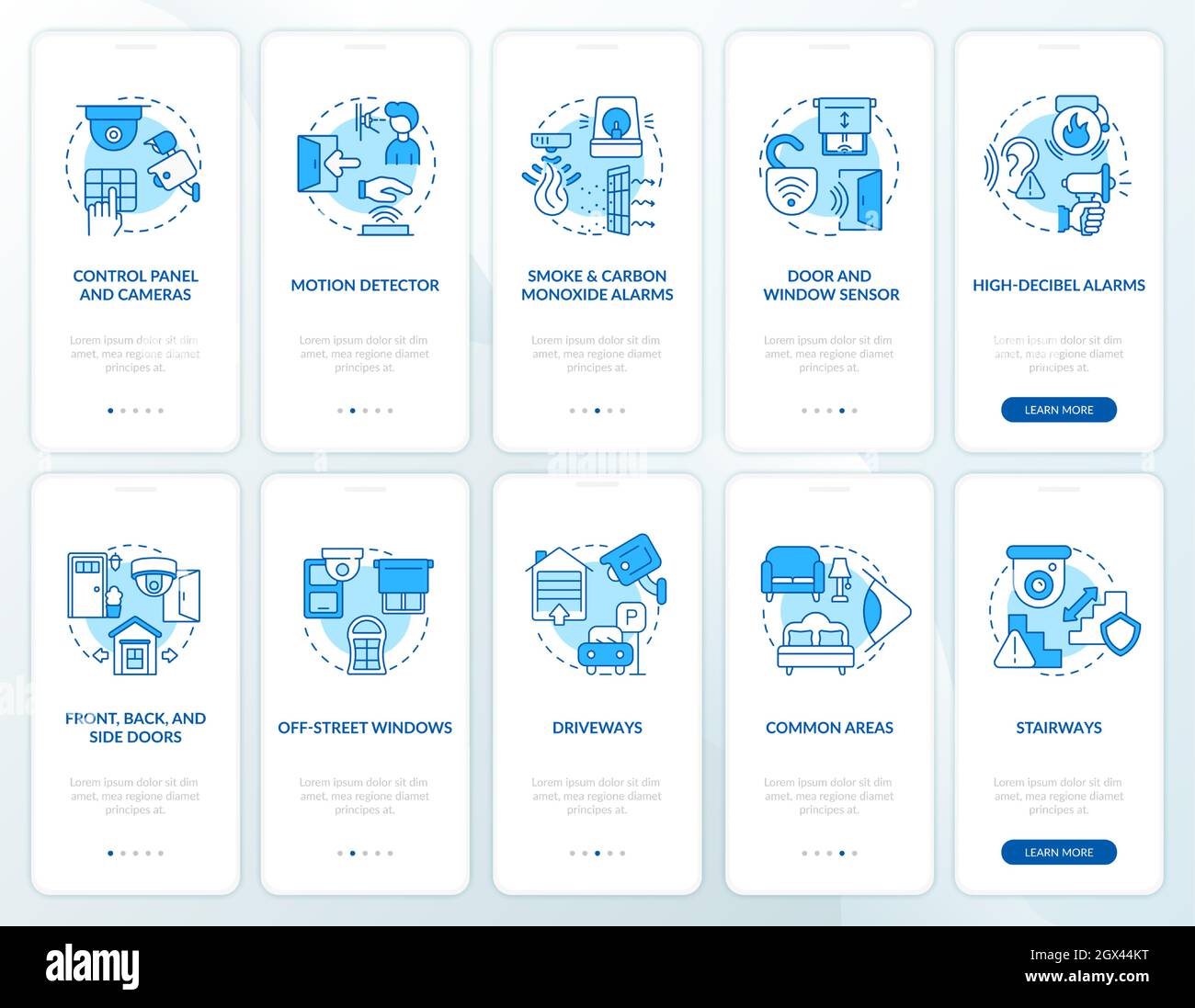 Property security blue onboarding mobile app page screen set Stock Vector