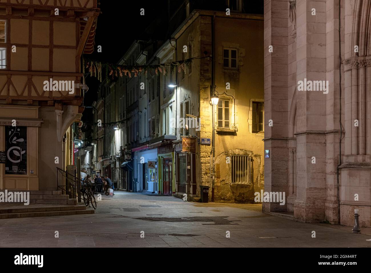 Place Saint-Vincent and Rue aux Fevres at night in Chalon-Sur-Saone, Eastern France. Stock Photo