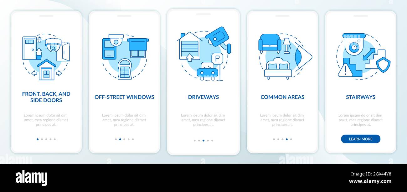 Security cameras placement blue onboarding mobile app page screen Stock Vector