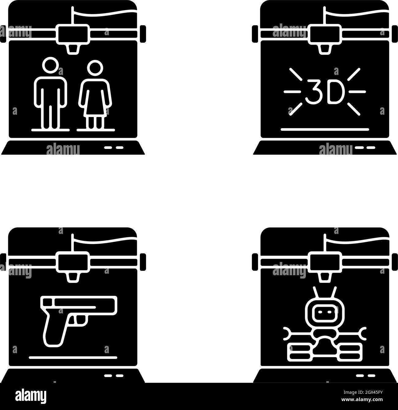 Produce 3d models black glyph icons set on white space Stock Vector