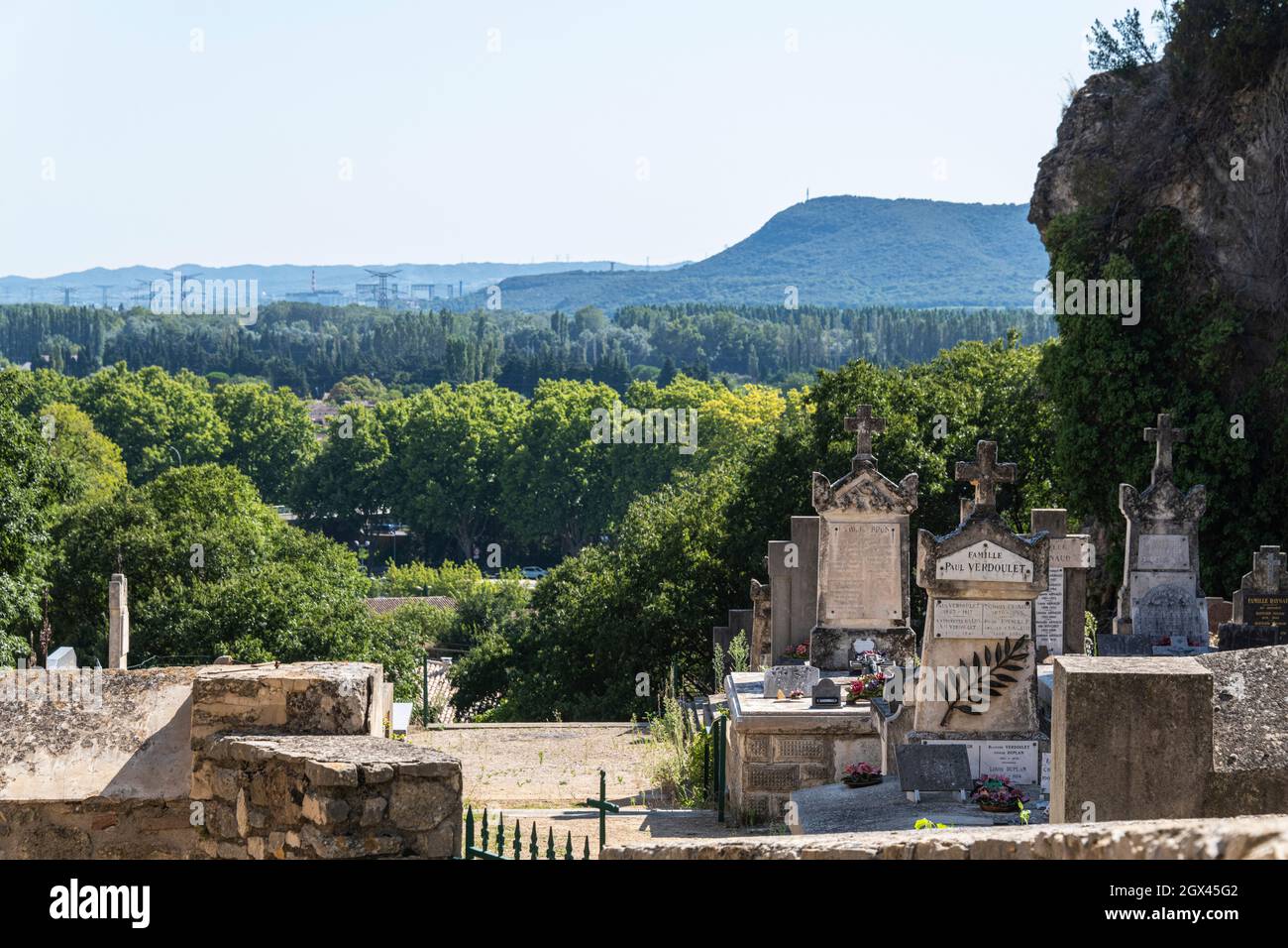 The churchyard at The 12th Century Notre Dame de Val Romigier, Mornas, Provence, France. Stock Photo