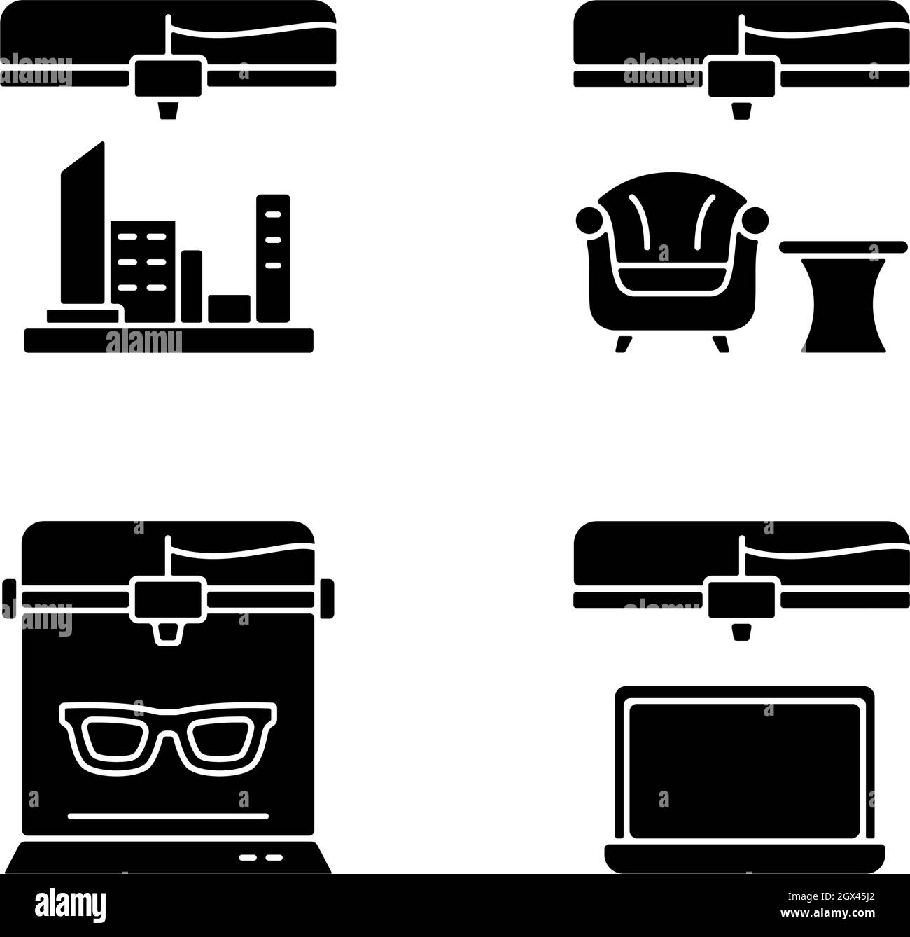Three dimensional objects production black glyph icons set on white space Stock Vector