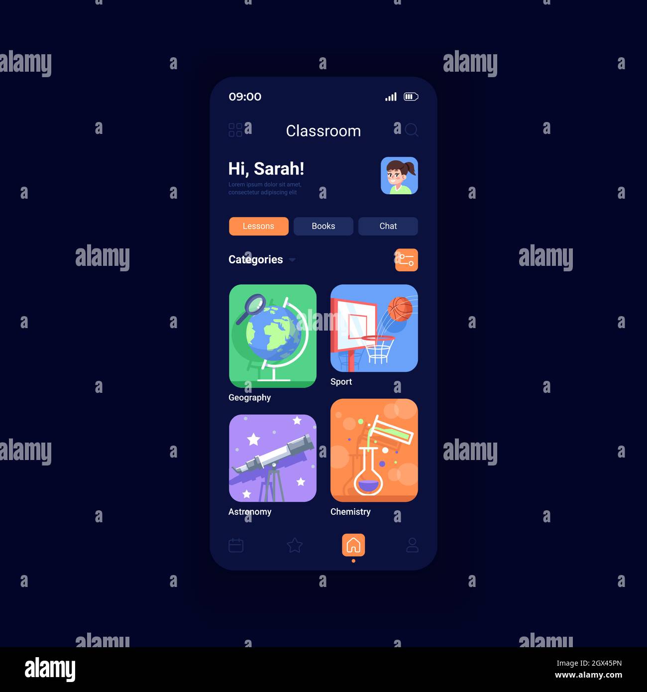 Online classes night mode smartphone interface vector template Stock ...