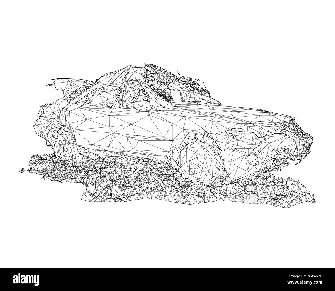 Wireframe of destroyed car in a pile of rubbish from black lines isolated on white background. 3D. Vector illustration. Stock Vector