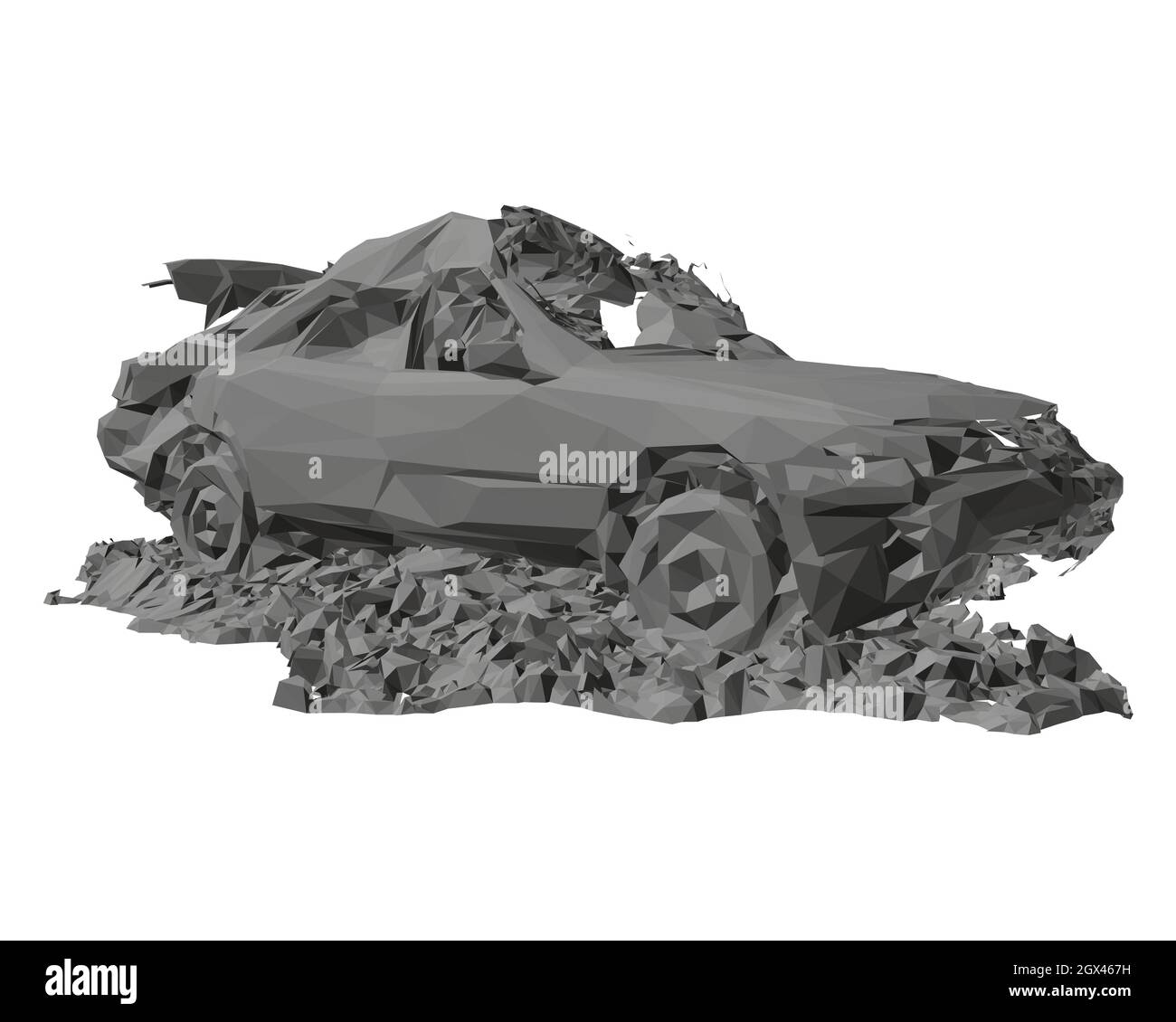 Model of a destroyed car in a pile of rubbish isolated on a white background. 3D. Vector illustration. Stock Vector